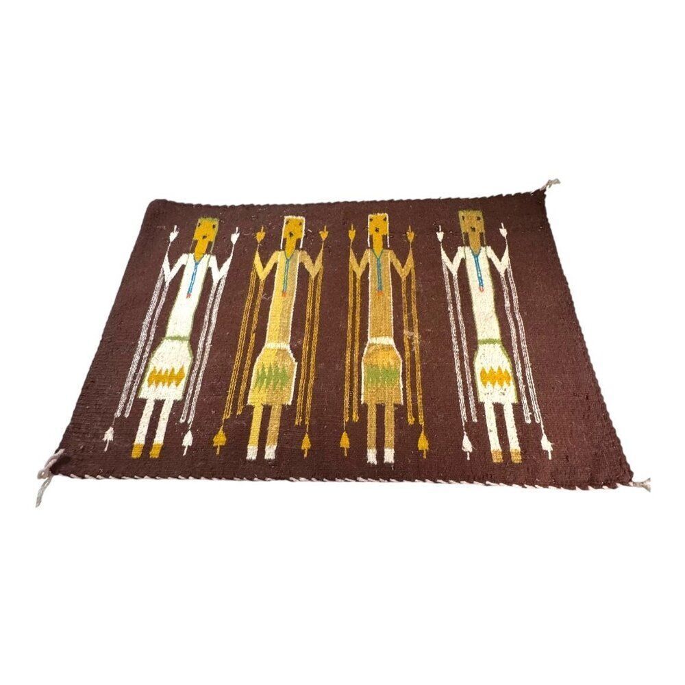 Antique Navajo rug ; Four Yei figures holding prayer rattles c 1930-40 31" x 21